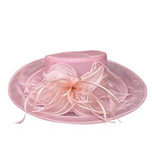 Grace Collection Pink Sheer Organza Wide Brim Feathered Bow Hat Church Formal